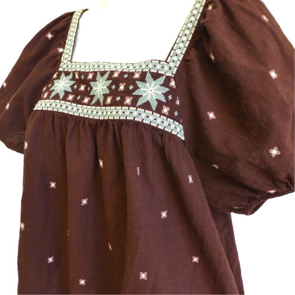 Madewell Embroidered Peasant Top Bubble Sleeve Cross Stitch Brown Cotton India S